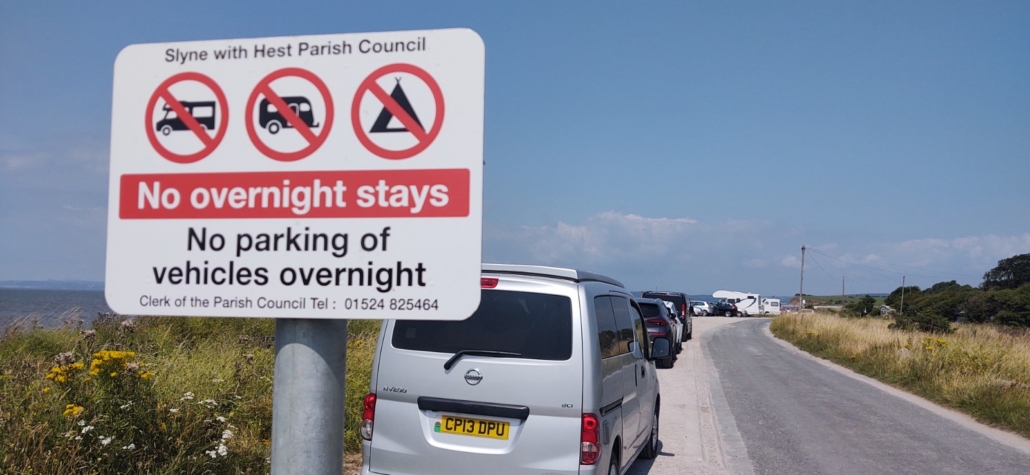No overnight stays sign at Morecambe Bay