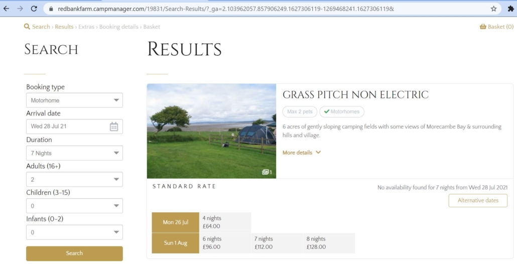 An example of a good online campsite pitch booking form showing alternative date availability and costs