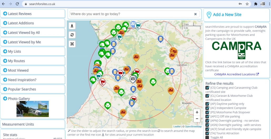 The searchforsites.co.uk website showing motorhome and campervan campsites and wild camping locations