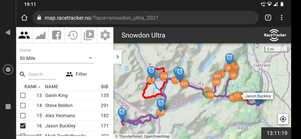 The tracker website for runners on the GB Ultras 50 Mile Ultra in Snowdonia