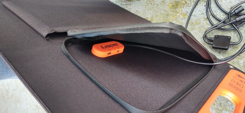 The USB C and USB A ports on the back of the Jackery SolarSaga Panel