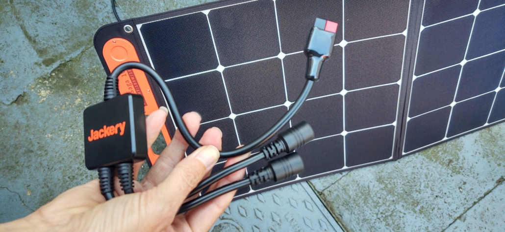 The Jackery adapter (included with the Explorer) to allow two SolarSaga panels to be connected at the same time