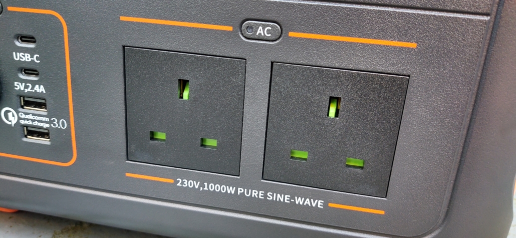 The AC (Mains, 230V) three pin plug sockets on the UK version of the Jackery Explorer 1000