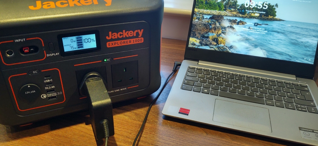 The Jackery Explorer 1000 display showing our laptop drawing 75W
