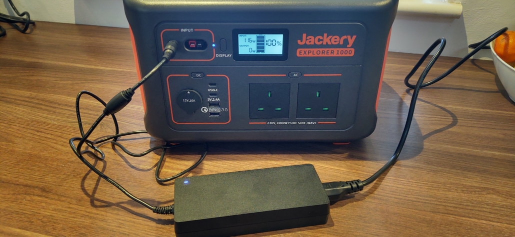 Charging the Jackery Explorer on the mains (yes, the power pack is HUGE!)