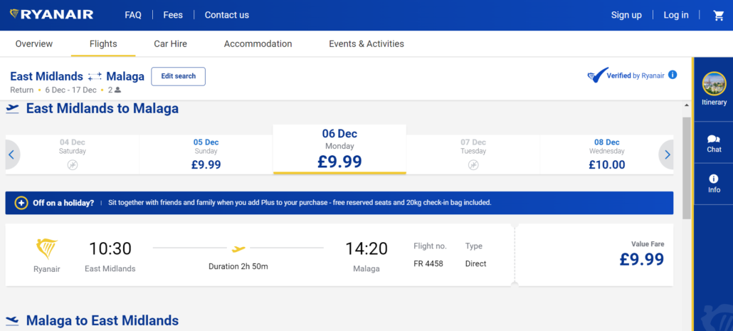 Choosing flight dates on Ryanair's website