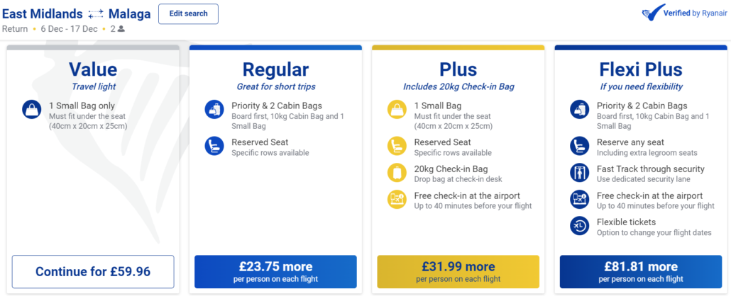 Choosing your ticket type on Ryanair's website