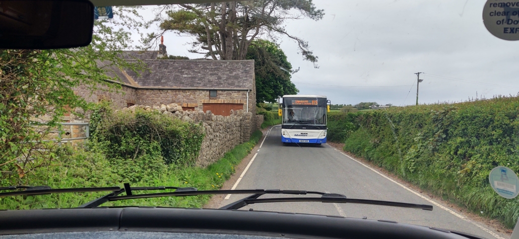 Meeting a bus on the Gower in our motorhome on a narrow road