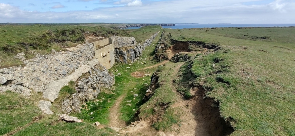 A trench used to pull targets for living firing practice at St Govan's Head