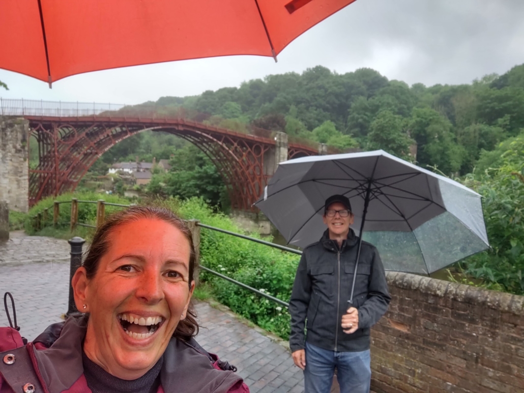 Exploring a rainy Ironbridge from our motorhome pubstop a few miles away