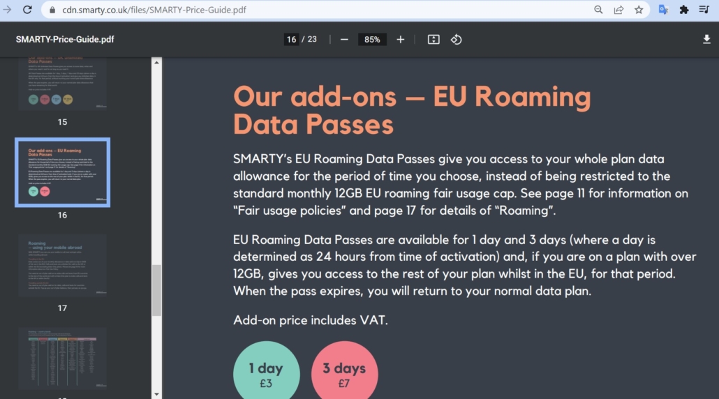 Smarty EU Roaming Data Passes allow you to exceed their EU data cap of 12GB a month, for a price
