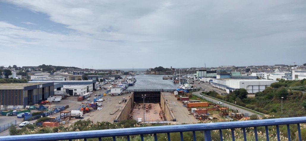 Concarneau's dry docks, our first look at the town from the road in