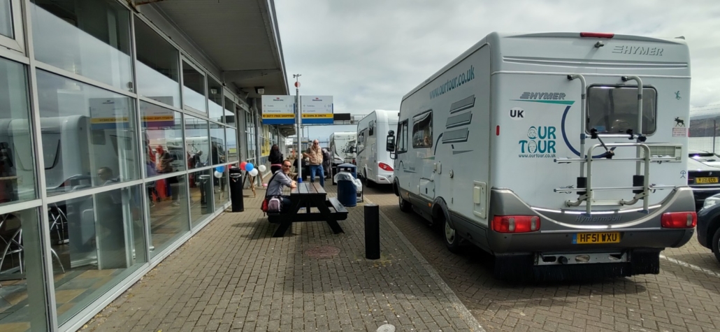 Our motorhome in the queue to board the Stena Lines ferry from Fishguard to Rosslare in Ireland