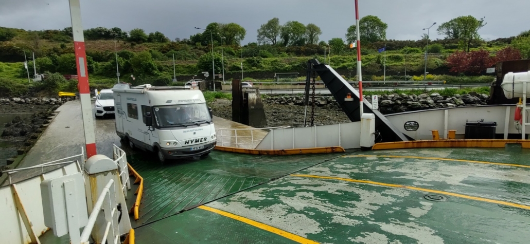 motorhome driving onto Cobh car ferry