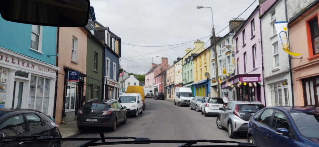 The occasional squeeze point through towns, this is us coming into Schull. Very little traffic though.