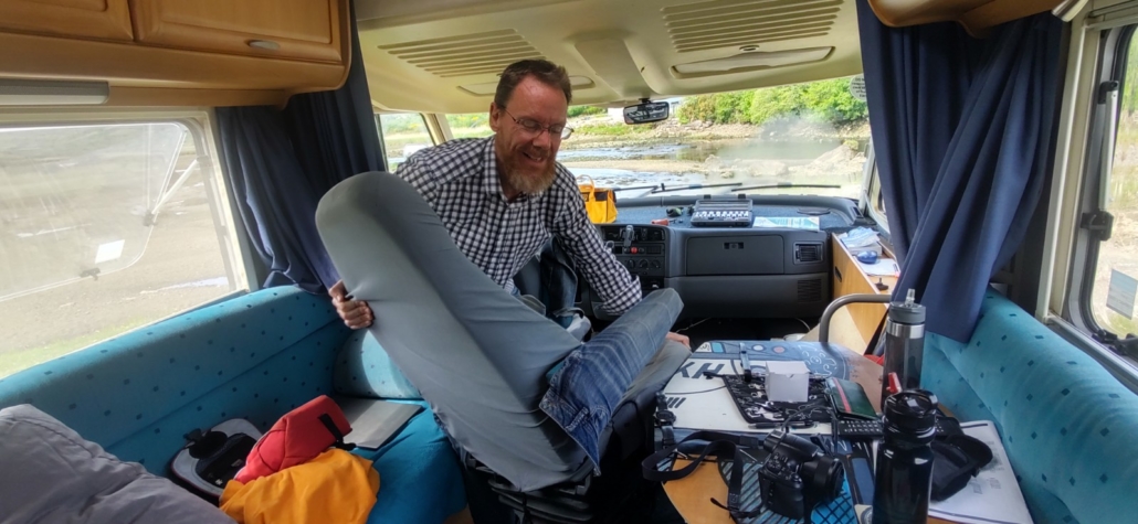 Our leisure batteries are less-than-conveniently located under the cab chairs in our Hymer B544