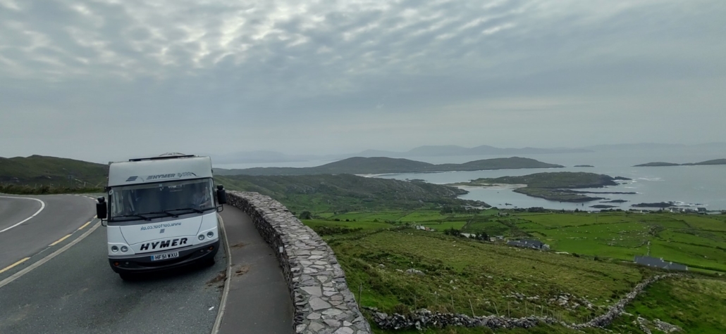 motorhome parked in viewpoint overlooking Irish coast