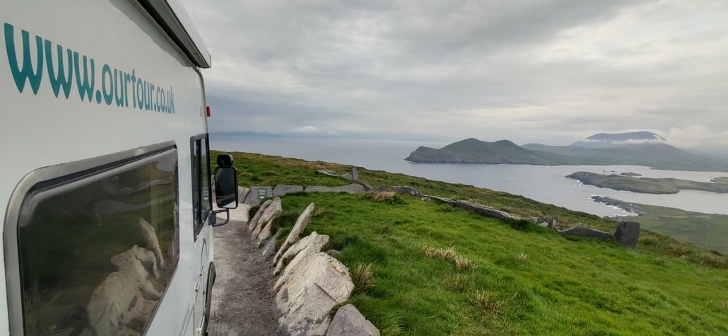 Our motorhome up high in the overnight parking at the top of Geokaun Mountain, County Kerry, Ireland