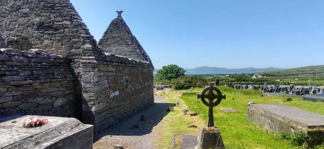 Roofless ruin of  Kilmalkedar Church and graveyard, Ireland