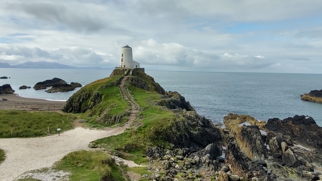 The Tŵr Mawr lighthouse on Ynys Llanddwyn tidal island, Newborough Forest, Anglesey