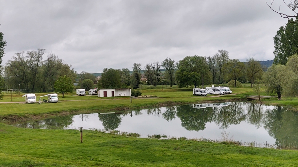 The grassy motorhome aire at Charny-sur-Meuse, a 4 mile drive or cycle to the Verdun battlefield
