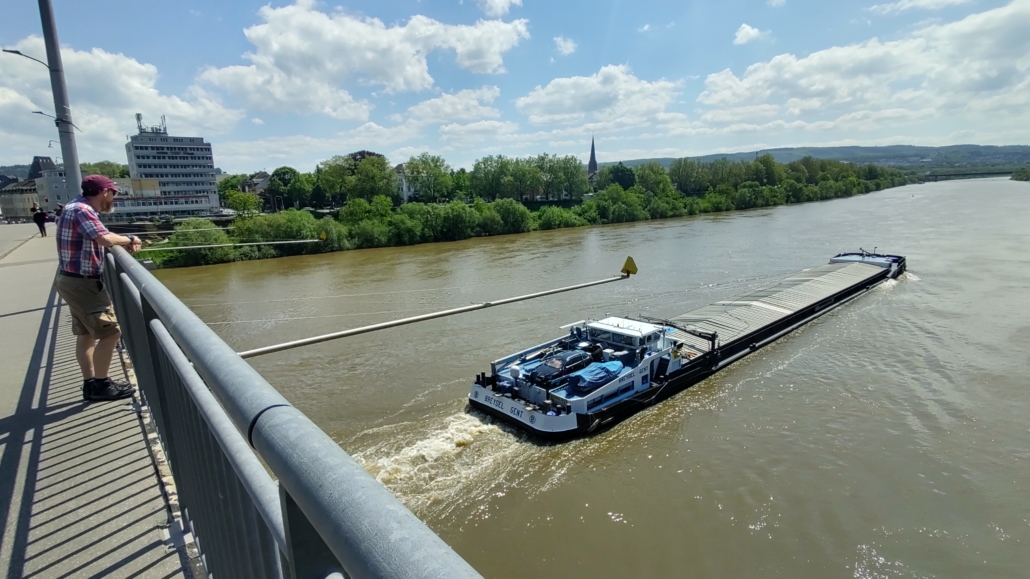 barge under roman bridge Trier Germany