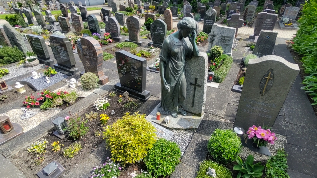 The immaculate graveyard at Mehring. All kinds of shapes and design of gravestone were present.