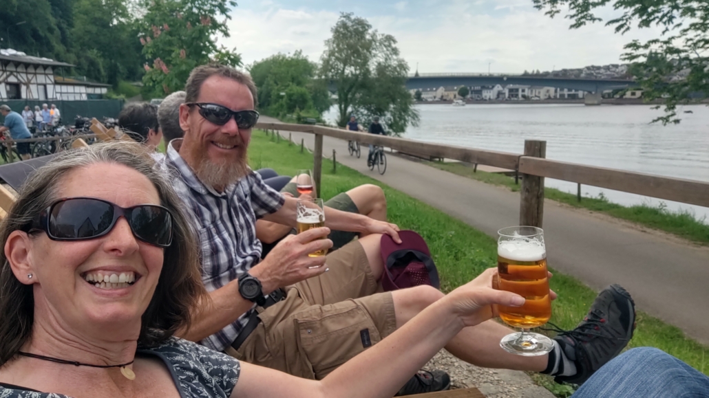 Grabbing a cold drink by the Moselle on a hot day.