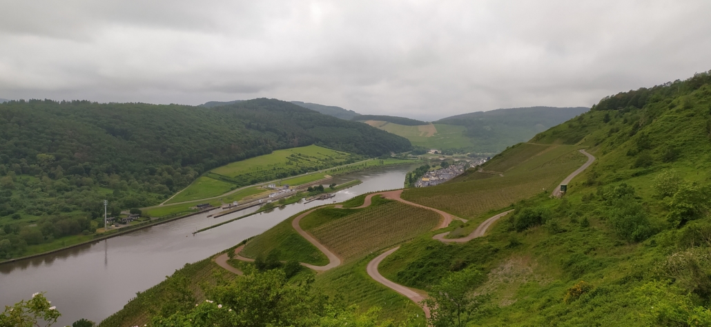 Fantastic views from a run in the Moselle vines yesterday morning. You can see a hydro dam and barge locks below.