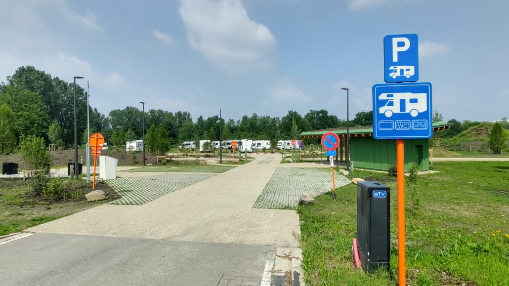 Entrance to the motorhome aire at Hasselt in Belgium