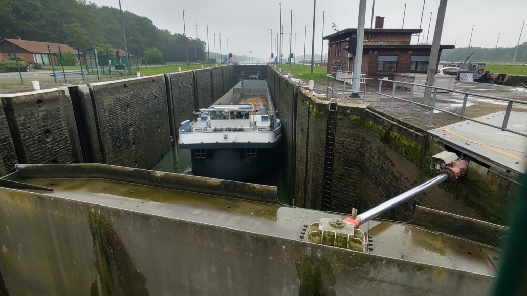 A commercial barge in one of the two locks at Hasselt on the Albert Canal in Belgium