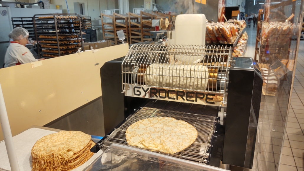 A crepe making machine at the Auchan French hypermarket in Calais