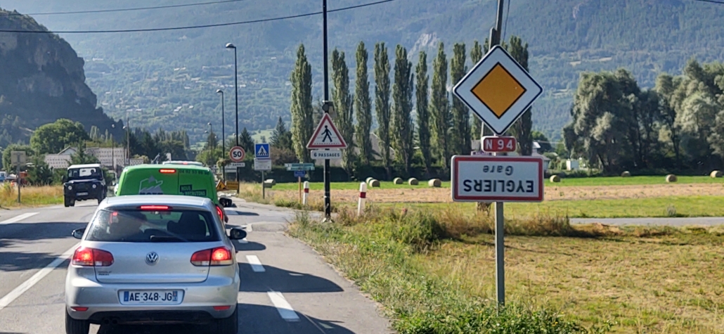 Upside down town name sign in France