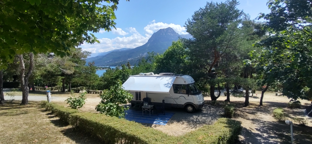 Motorhome parked at Baie de la Chapelle camping, France