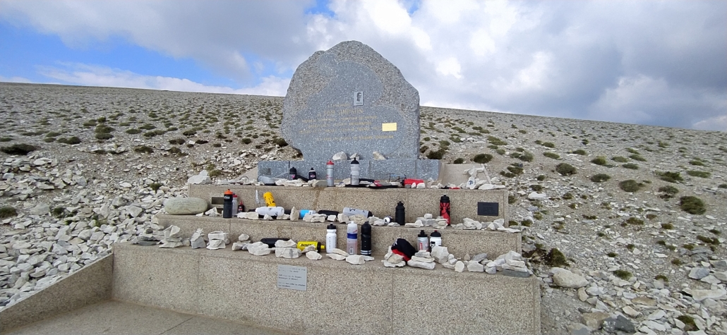 Memorial to Tom Simpson, British cyclist and Olympian medalist who died in the Tour de France on Mont Ventoux, aged 29