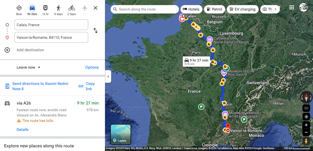 The Google Maps road north from Vaison to Calais