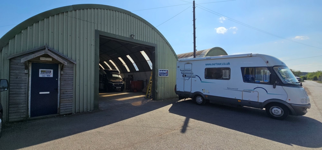 Motorhome outside habcheck repair shop in Mansfield
