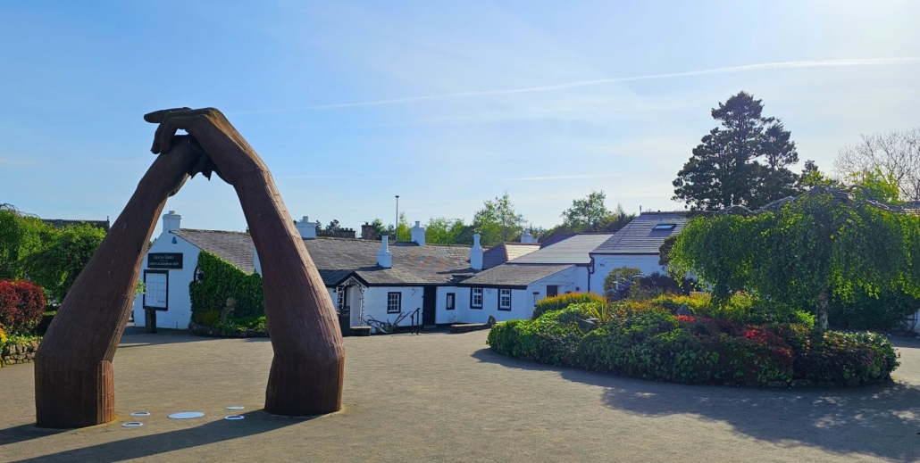 The famous blacksmith at Gretna Green, with large sculpture of holding hands in the courtyard