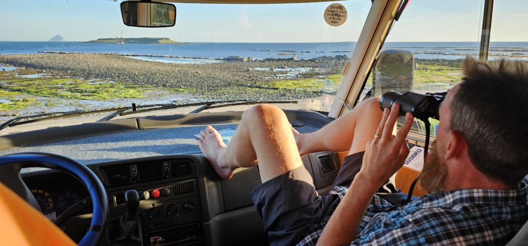 On otter watch from the motorhome cab at Seal Shore Camping