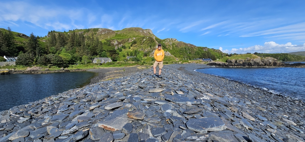 Enormous causeway of waste slate at Ellenabeich, Easdale