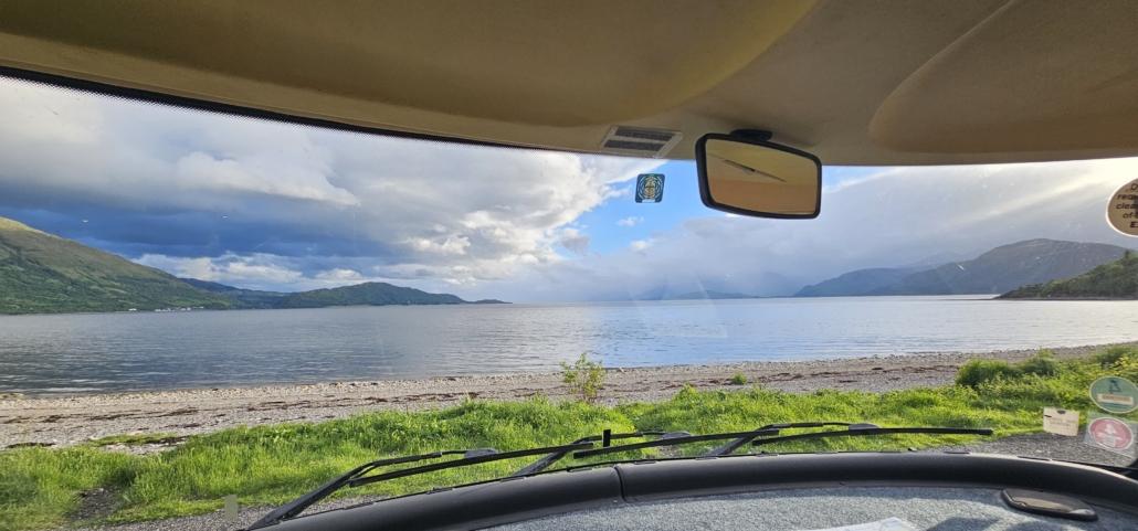 View from motorhome windscreen over Loch Linnhe from the aire at Onich near Glencoe 